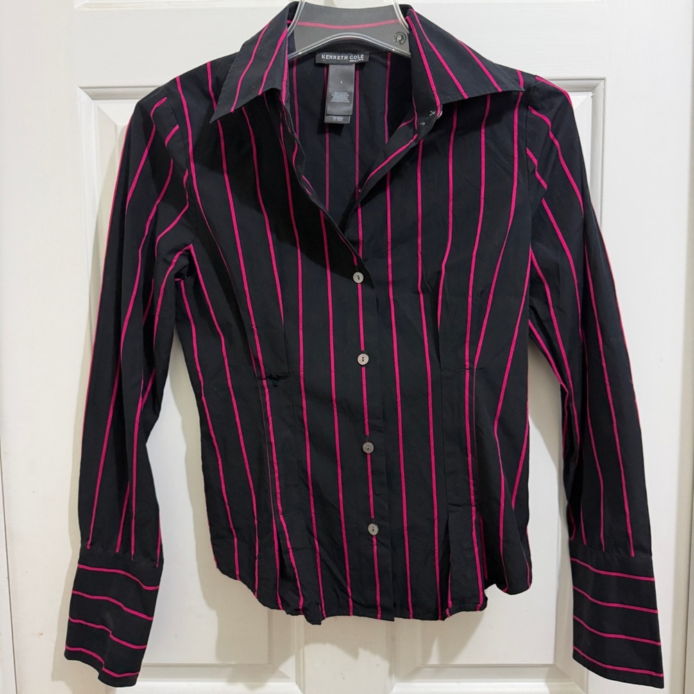 KENNETH COLE Black w Pink Stripes Button Down Long sleeve Darted Top sz Women 4